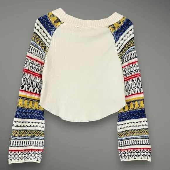 Free People Fairground Thermal Folk Boho Cream Long Bell Statement Sleeve Top XS - Picture 4 of 10